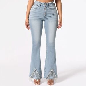 NWT DENIM COUTURE JeansSize 1 Light Wash Flared Rhinestone Fringe Distressed